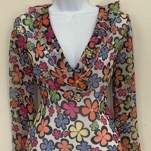 Allison Taylor silk chiffon abstract floral print ruffle neck blouse